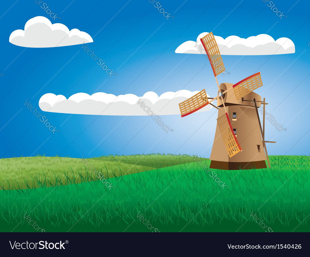 Windmill on grass field Royalty Free Vector Image