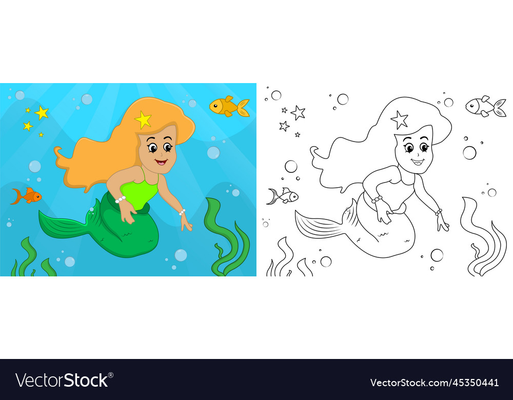 Cartoon Mermaid Coloring Page No 07 Kids Activity Vector Image