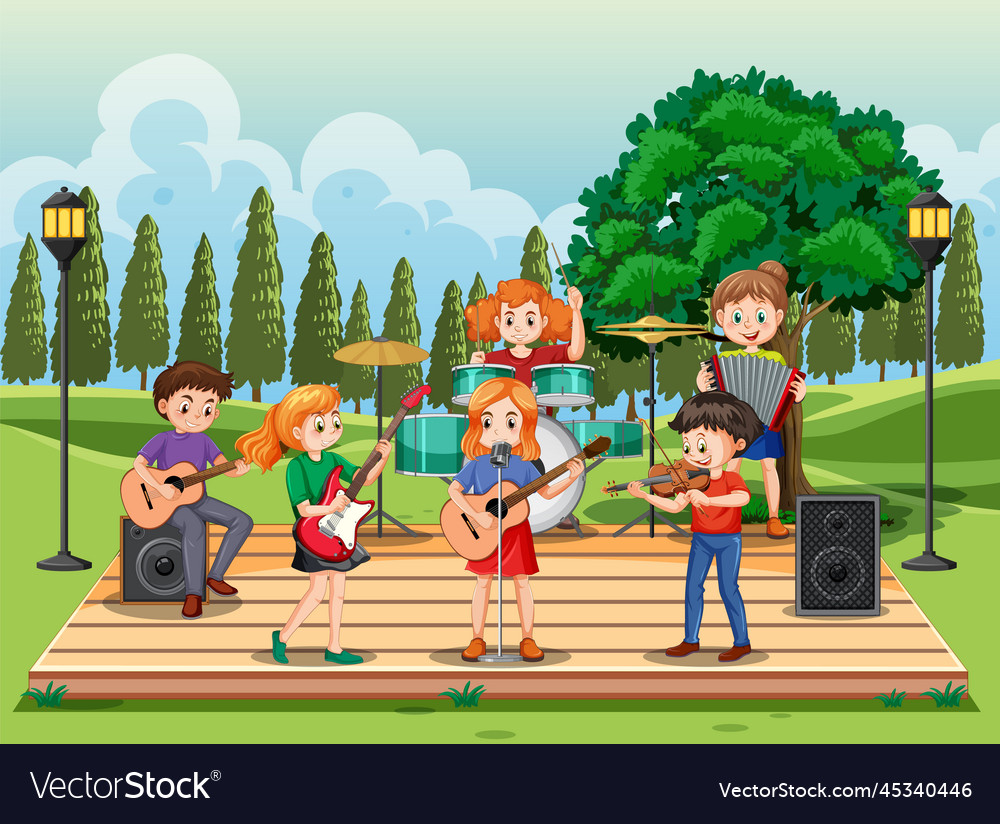 Kids playing music in the park Royalty Free Vector Image