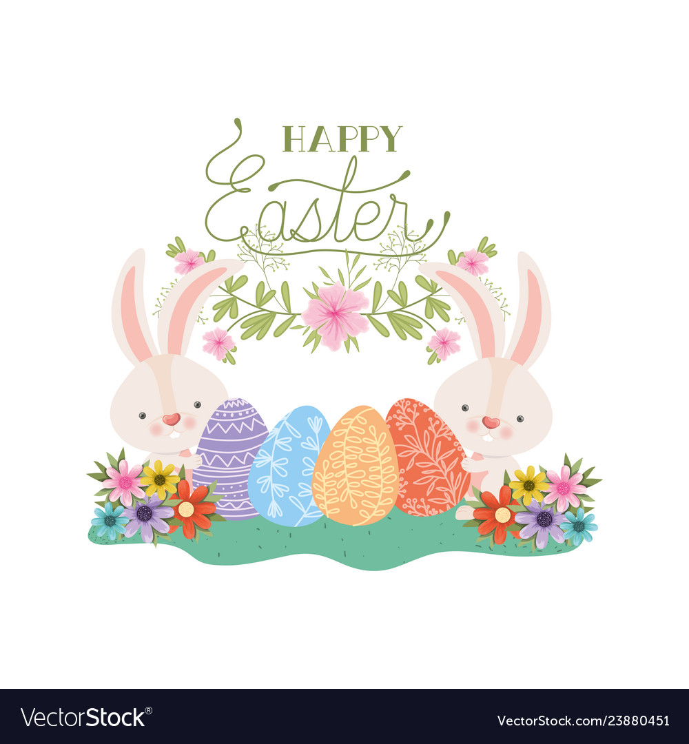 Happy easter label with egg and flowers icon Vector Image