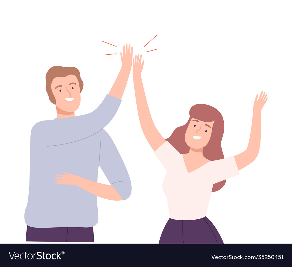 Happy man and woman giving high five to each other