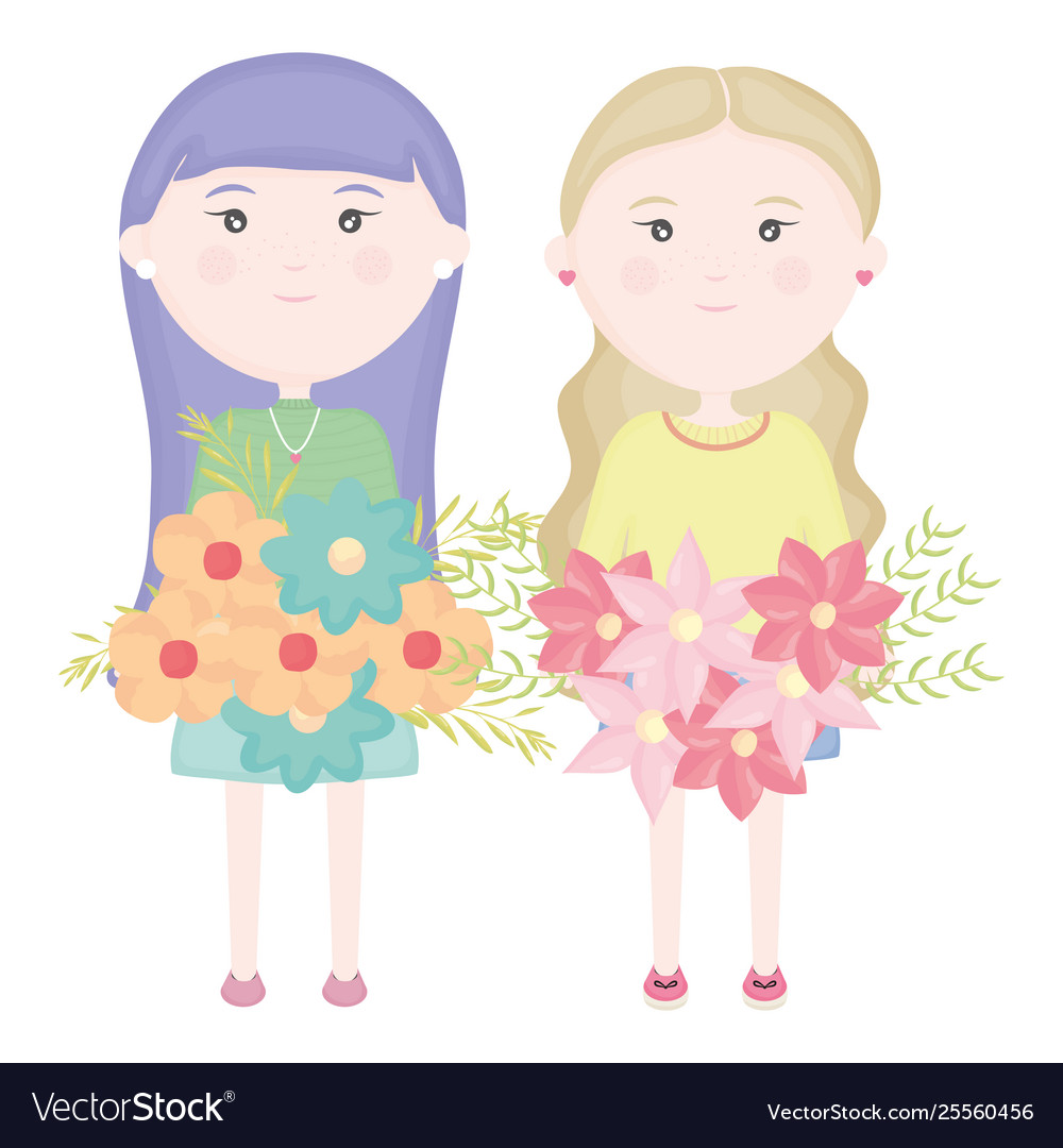 Cute little girls couple with flowers bouquet Vector Image