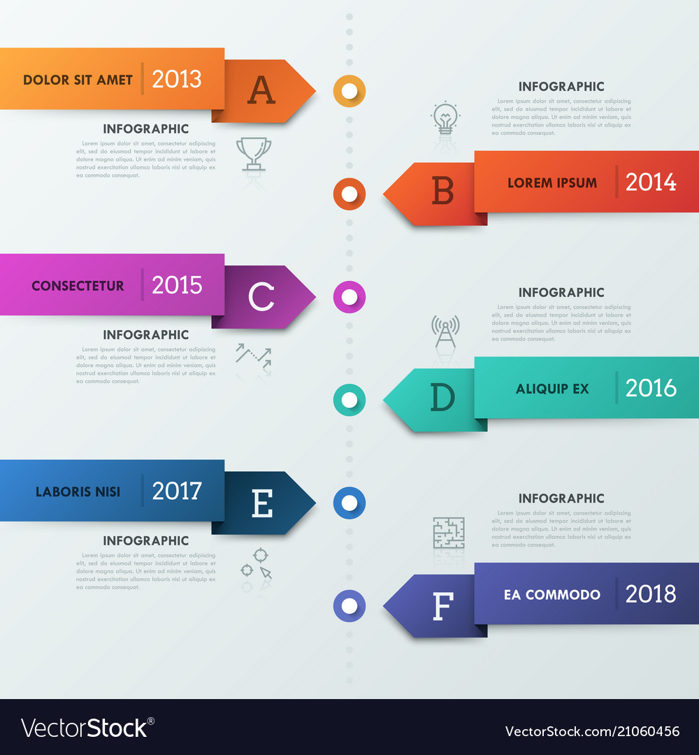 Vertical timeline with 6 arrow-shaped stripes Vector Image