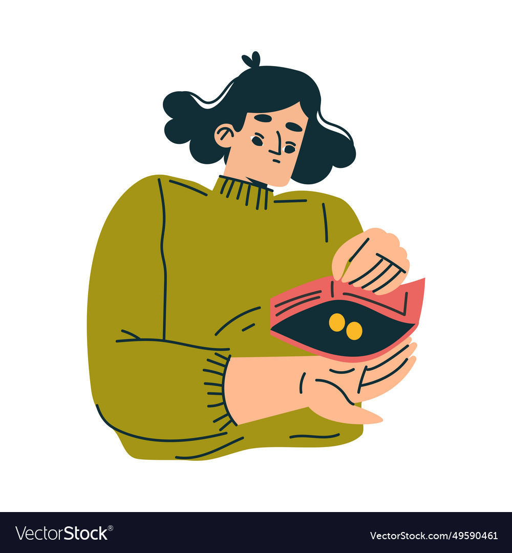 Poor woman character with empty wallet having Vector Image