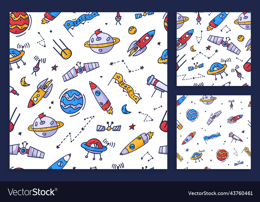 Set Space Seamless Pattern Print Design Doodle Vector Image