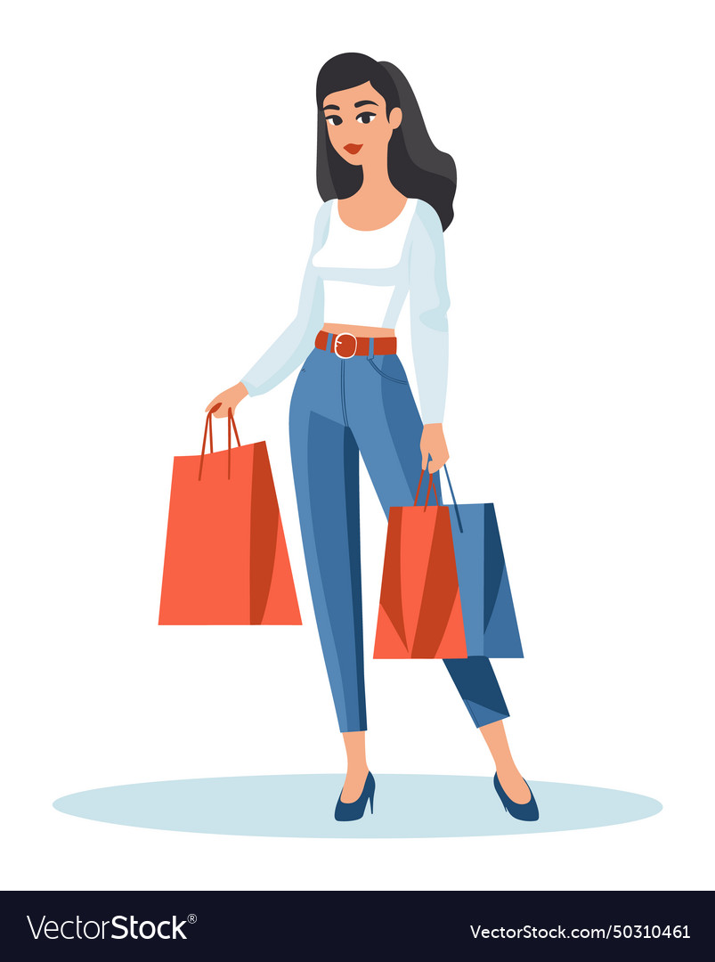 Young woman carrying shopping bags walking after Vector Image