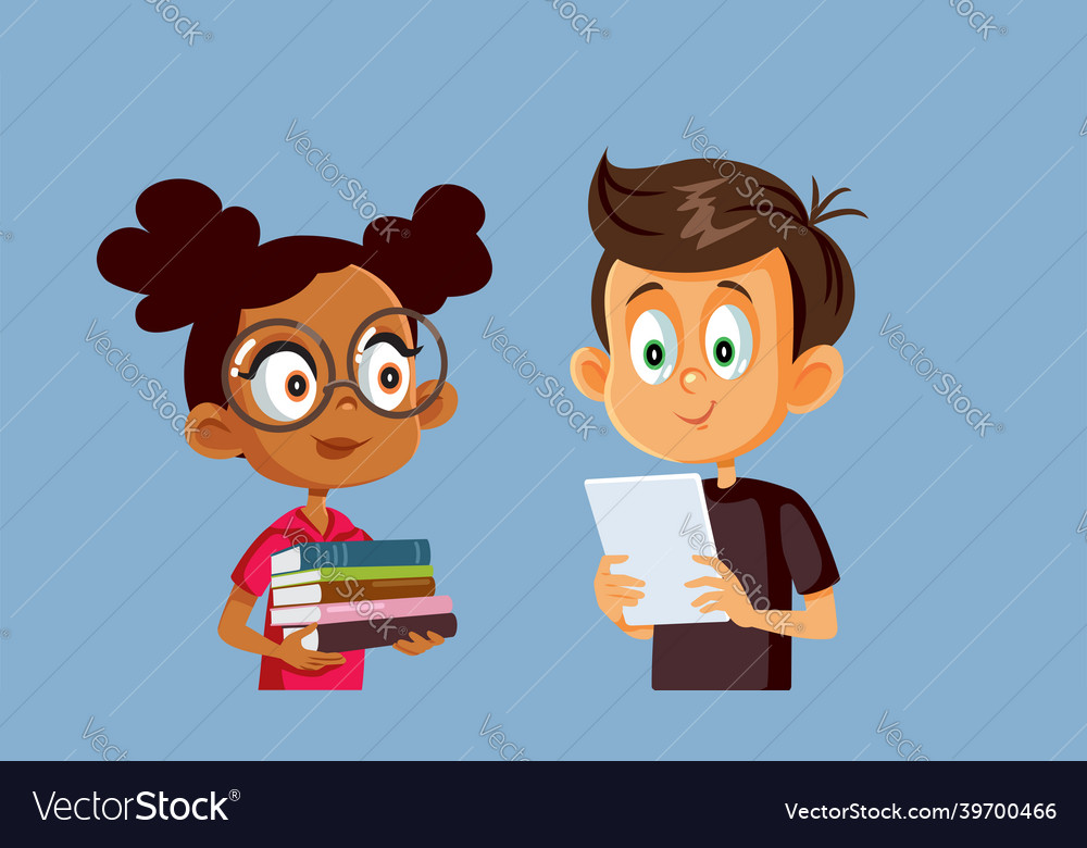 Girl with books and boy with pc tablet studying vector image Girl with books and boy with pc tablet studying