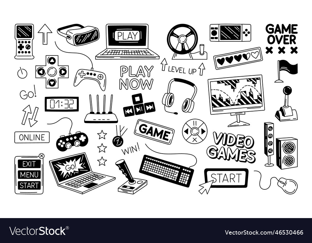 Video games black stickers set Royalty Free Vector Image