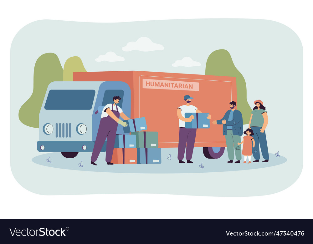 Group of cartoon volunteers giving food boxes Vector Image