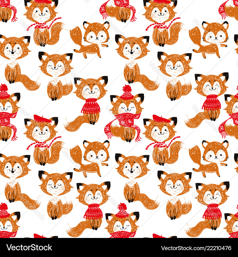 Seamless pattern with cute foxes in scarf and hat Vector Image