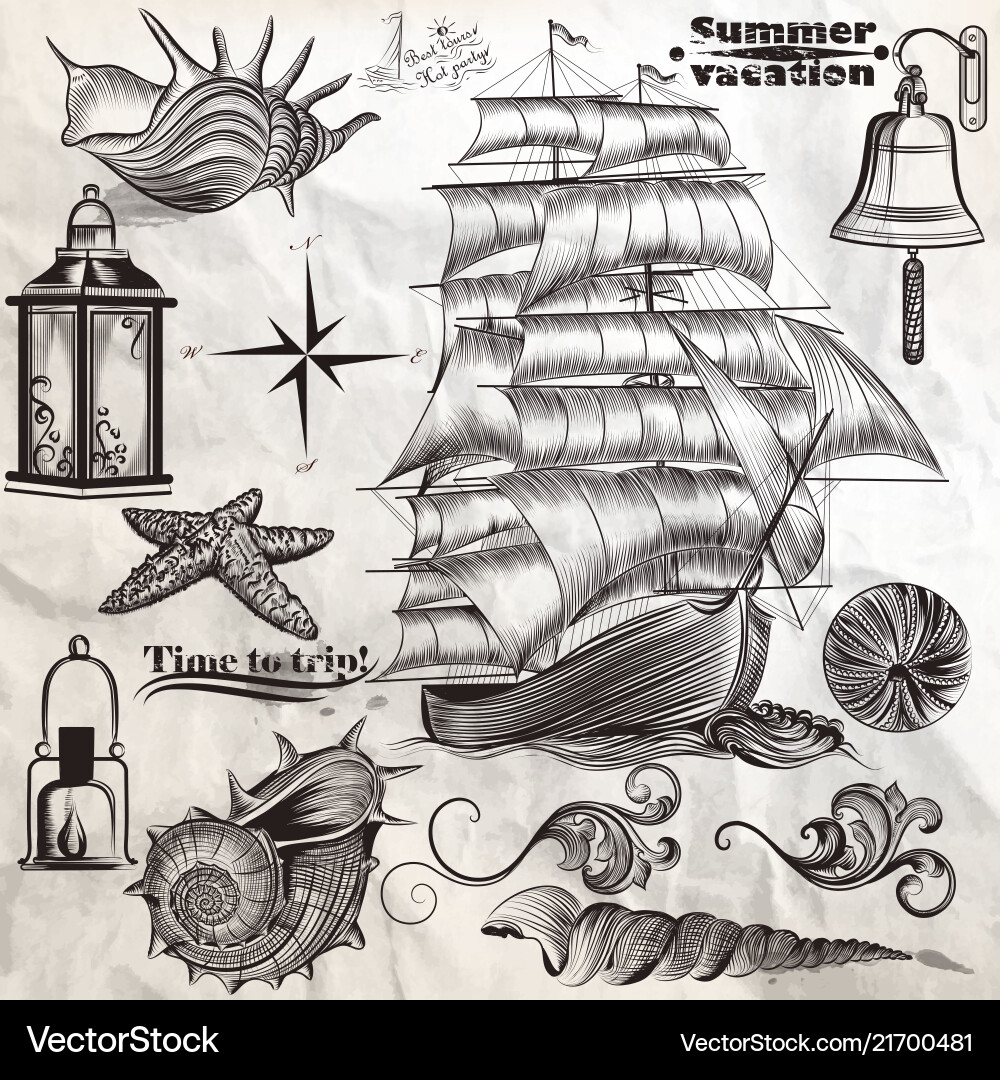 Collection antique elements sea rest Royalty Free Vector