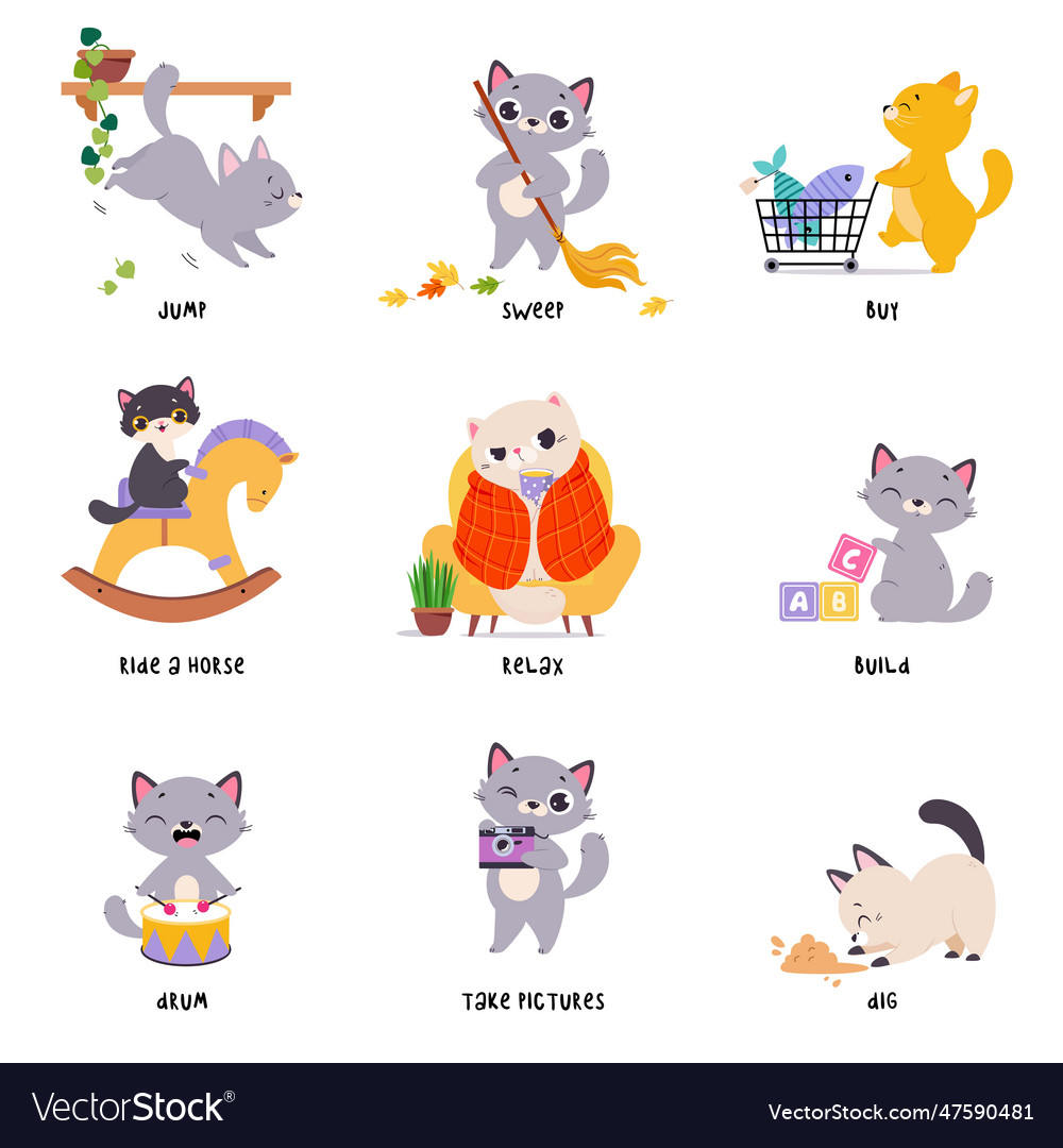 Funny cat in different action as english verb for Vector Image