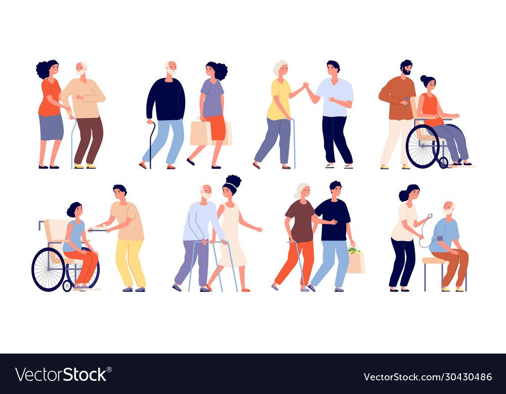 Social workers help group senior volunteers Vector Image