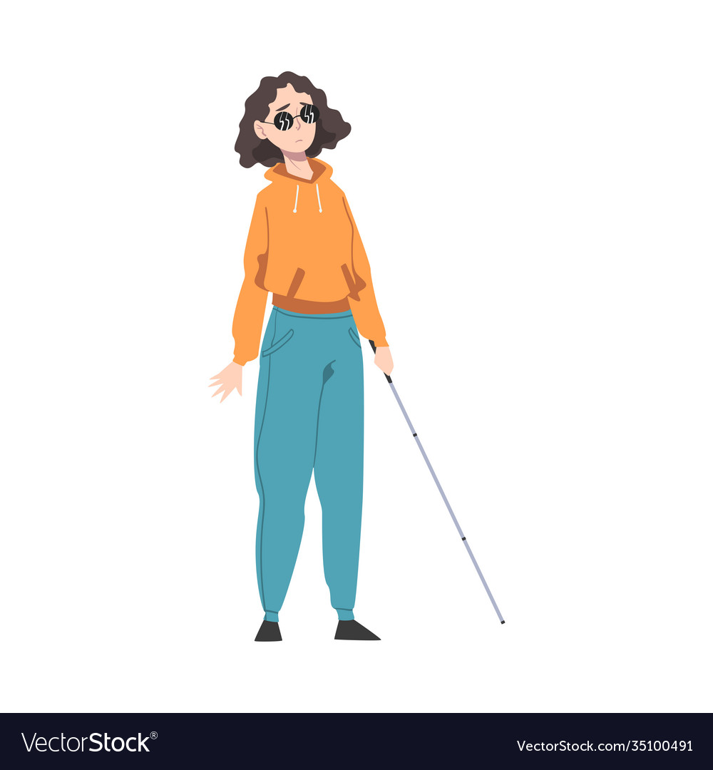 Handicapped weak sighted woman with white cane