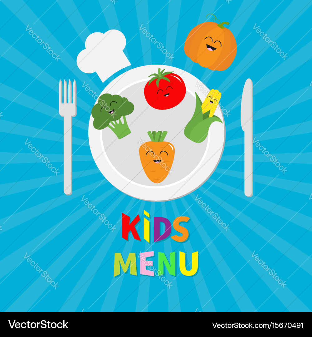 Kids menu card fork plate knife and chefs hat Vector Image