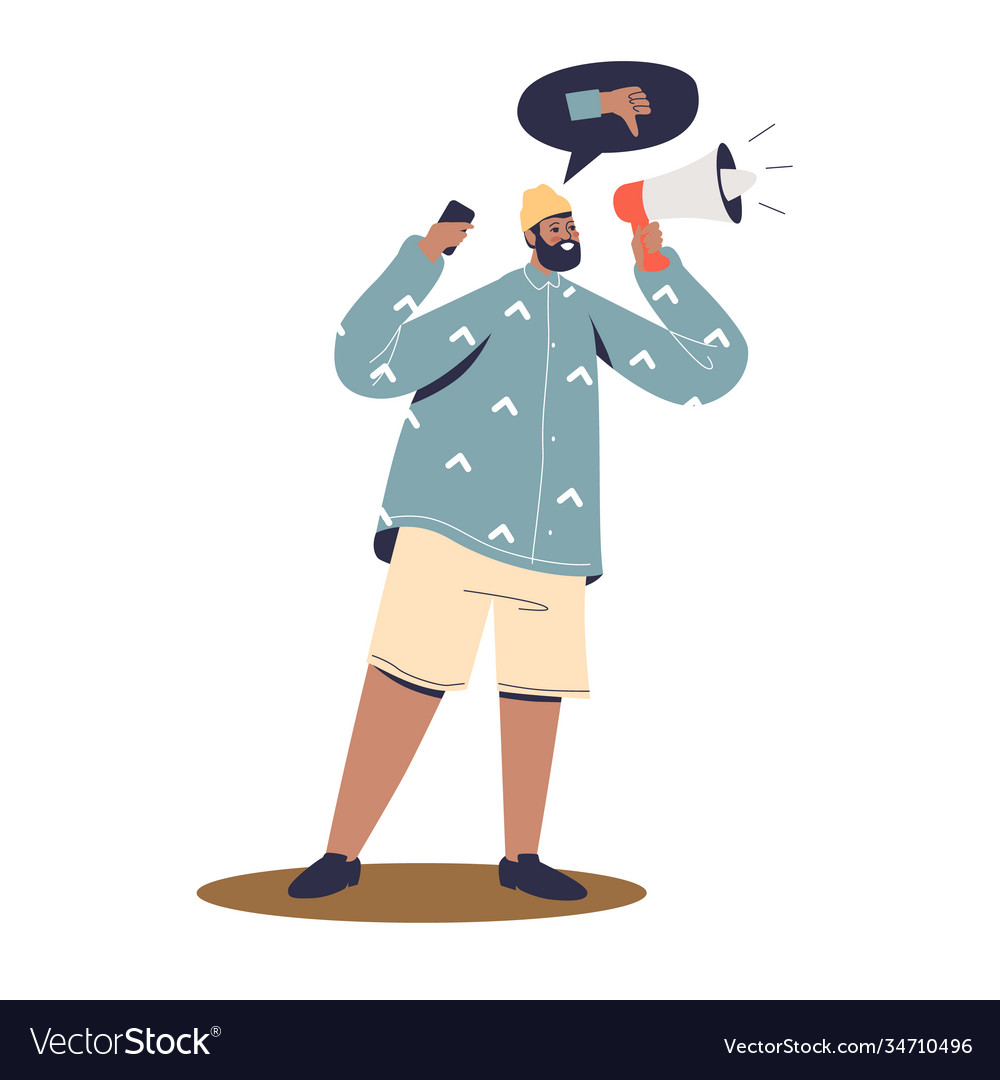 Protesting activist with loudspeaker and dislike vector image Protesting activist with loudspeaker and dislike