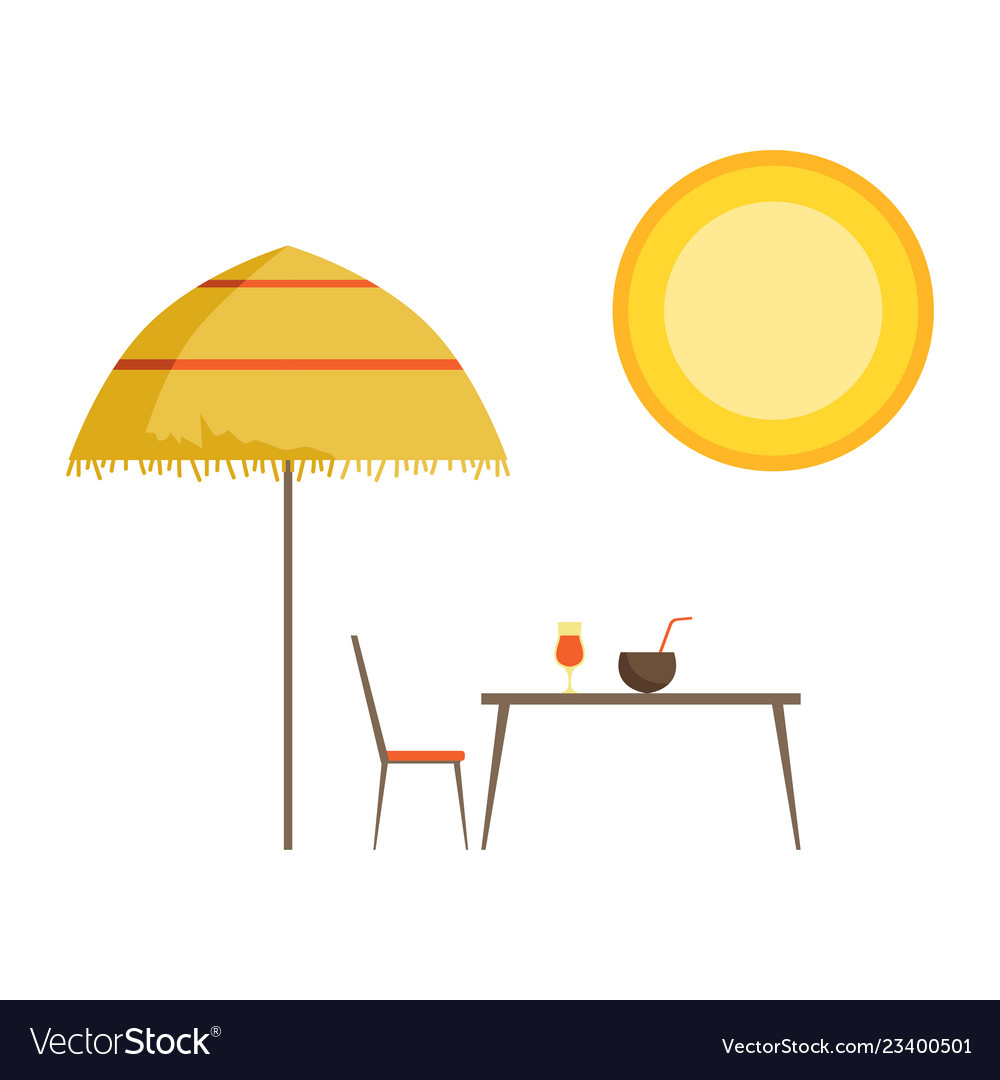 Straw umbrella table and cocktails summer time Vector Image