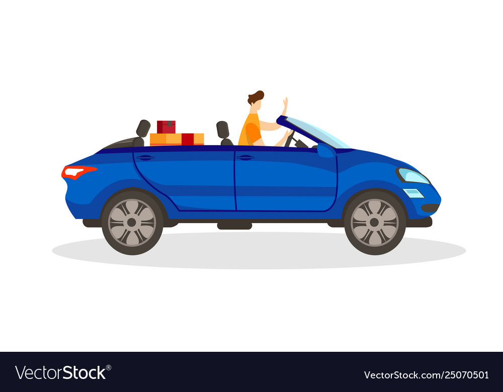 Young Male Character Driving Blue Convertible Car Vector Image