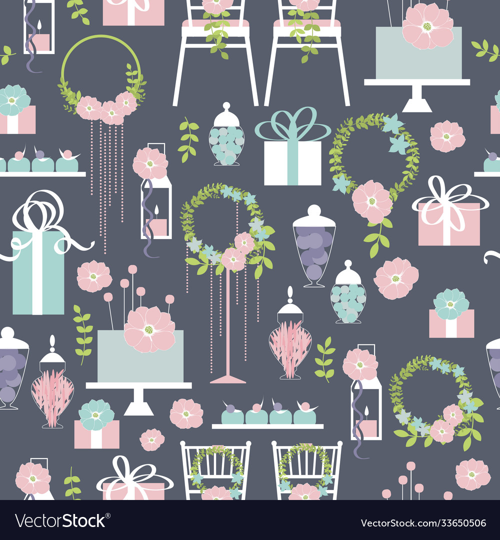 Wedding seamless pattern chairs cake flowers Vector Image