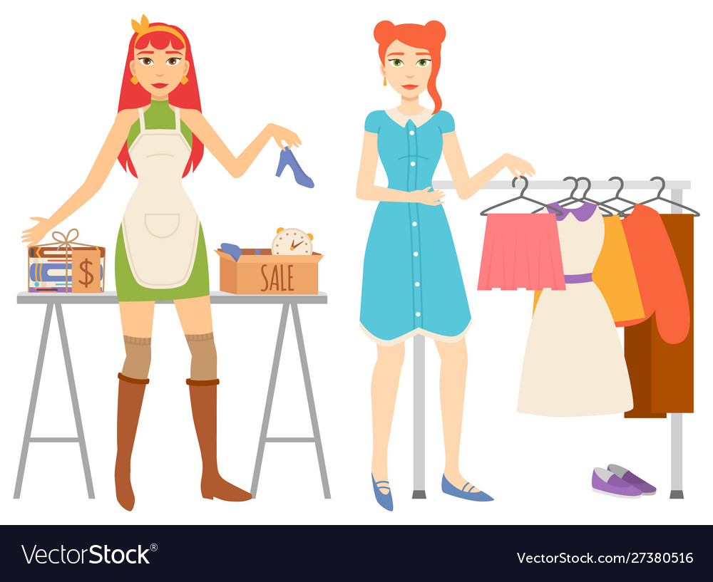 Woman shopping clothes store and books sale set