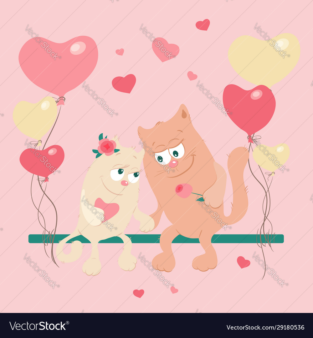 Cute cartoon cats in love on a swing with balloons