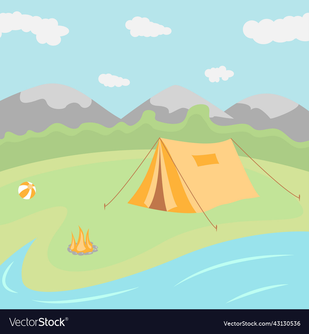 Tent is on river bank recreation in nature near Vector Image