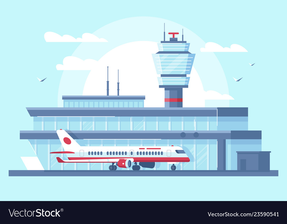 Flat airplane in airport on runway near building vector image Flat airplane in airport on runway near building
