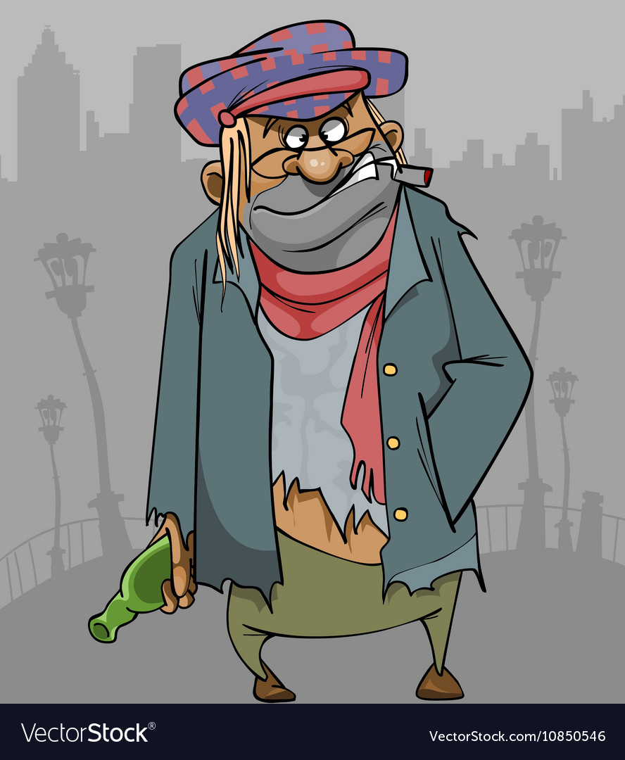 Cartoon homeless man in ragged clothes Royalty Free Vector