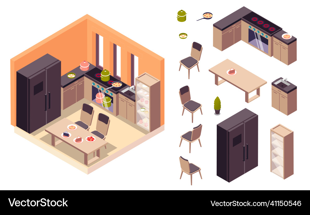 Kitchen interior isometric set Royalty Free Vector Image