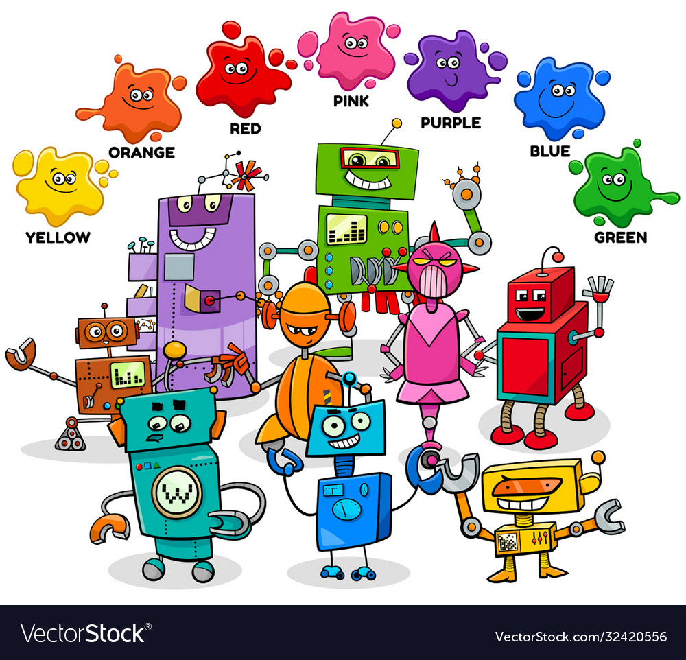 Basic colors with cartoon robot characters group Vector Image Basic colors with cartoon robot characters group Vector Image