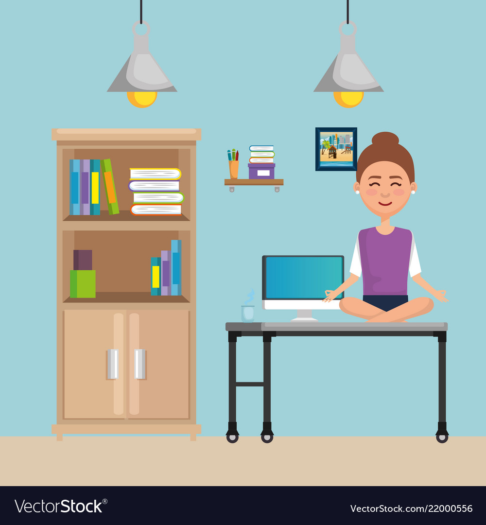 Business Woman Practicing Yoga In Office Desk Vector Image