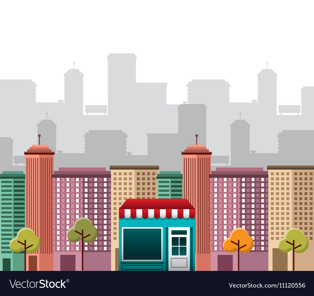 Cityscape with social marketing icons Royalty Free Vector