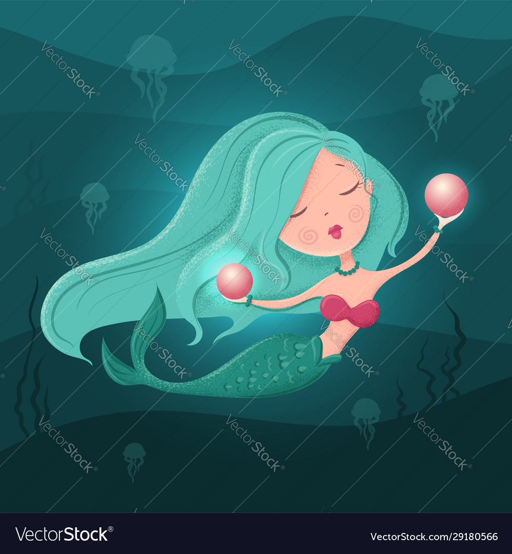 Cute cartoon mermaid with a pearl in a flat style vector image Cute cartoon mermaid with a pearl in a flat style