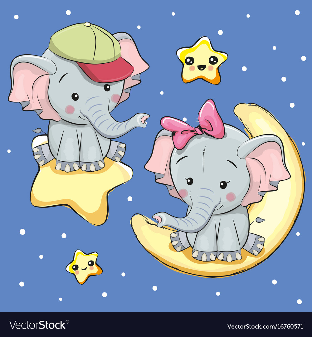 Lovers elephants on a moon and star Royalty Free Vector