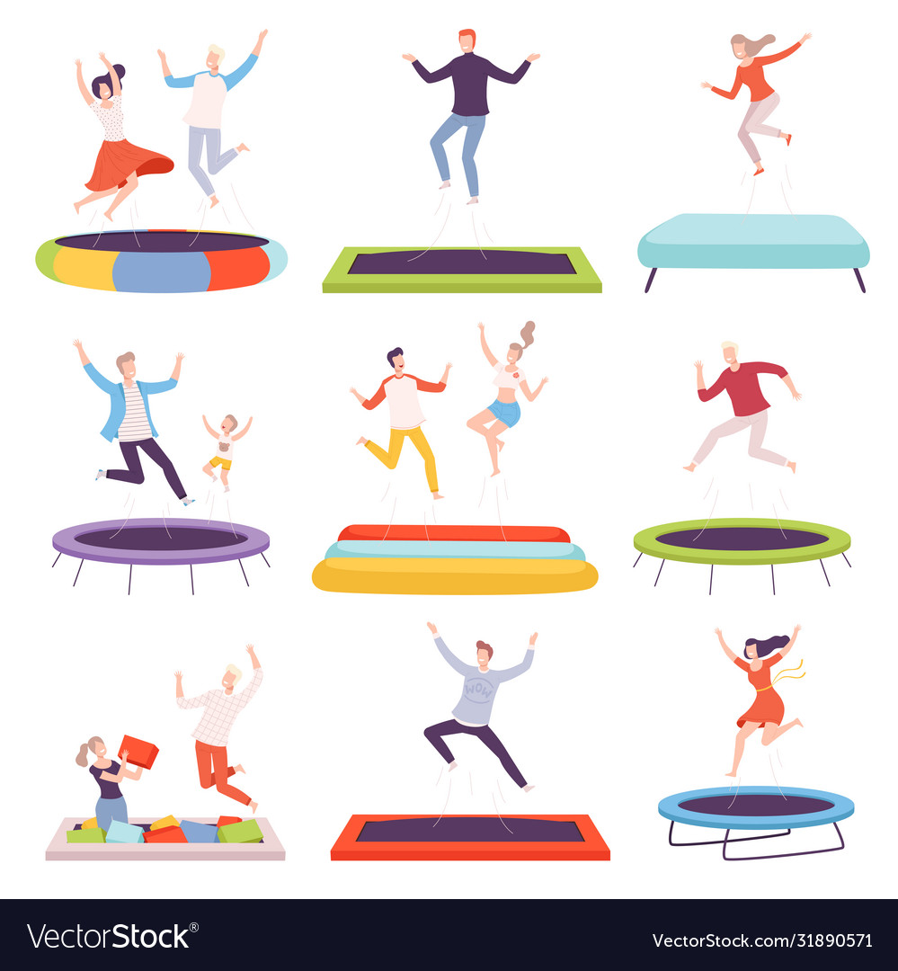 People bouncing on trampoline happy men women Vector Image