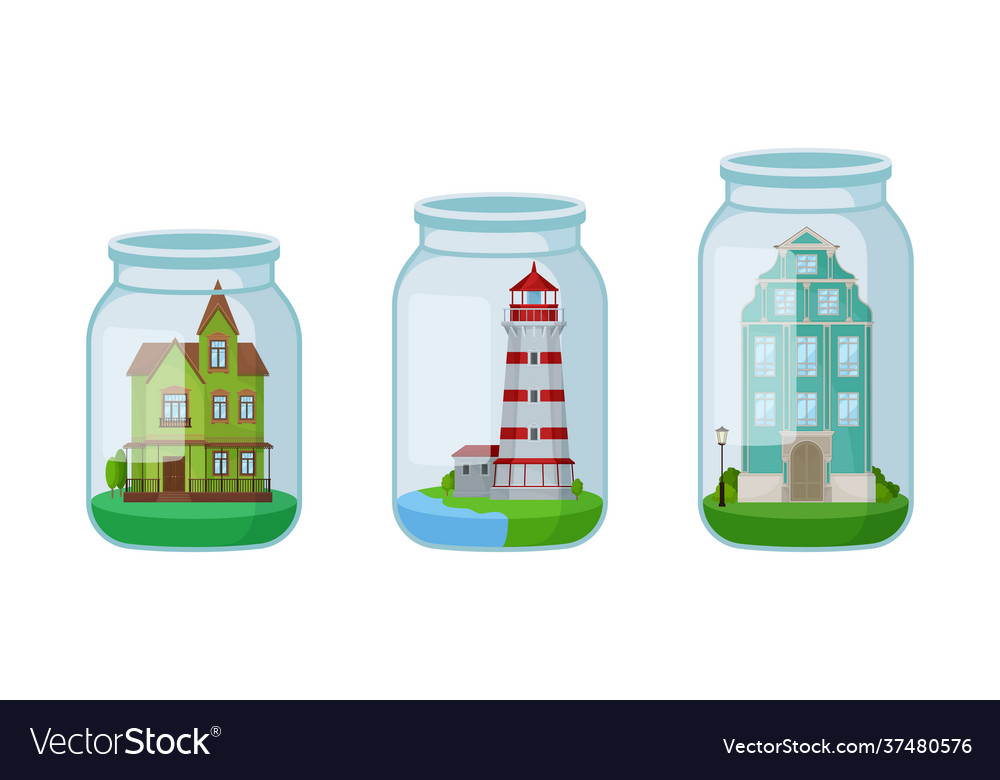 Decorative mansion and lighthouse rested in glass Vector Image