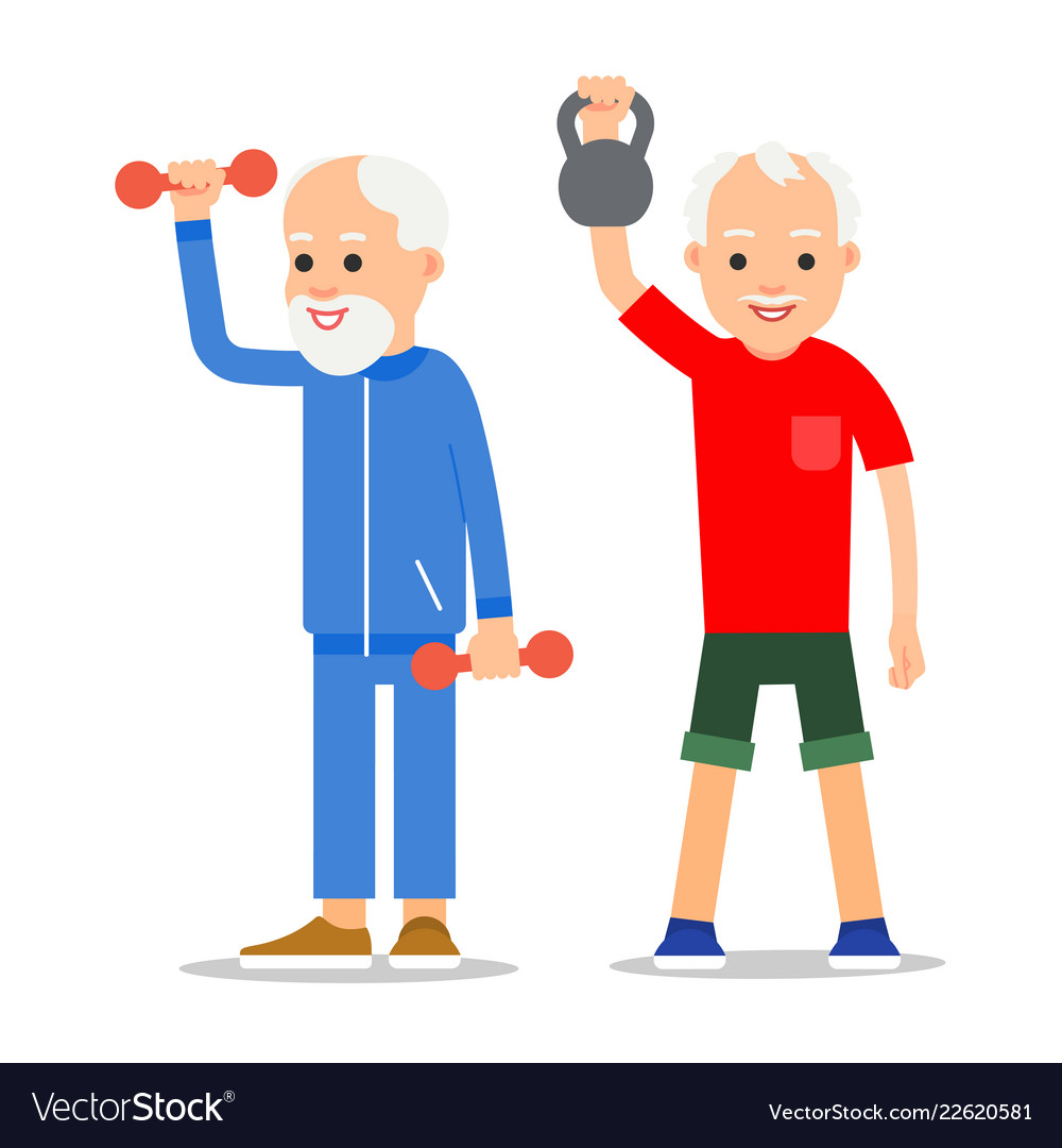 Older Men Perform Exercises To Weight Lifting Vector Image