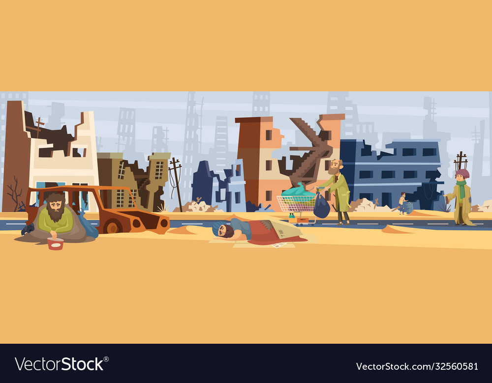 Poor people in damaged city war affected people Vector Image