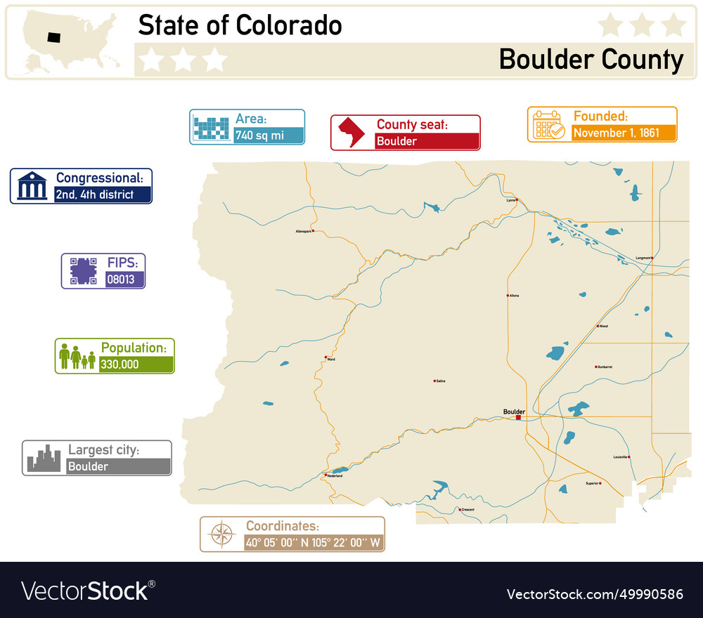 Detailed infographic and map of boulder county in Vector Image