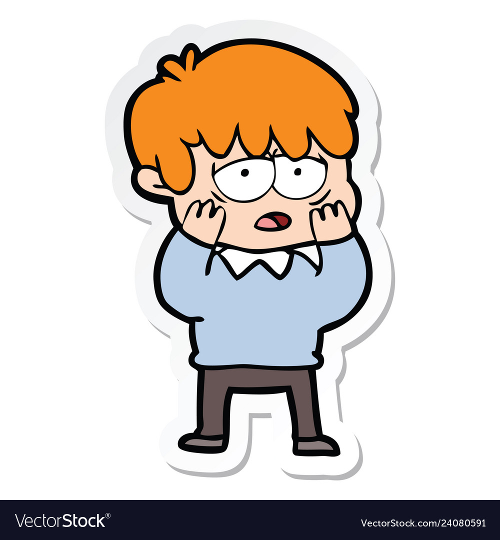 Sticker of a cartoon exhausted boy Royalty Free Vector Image