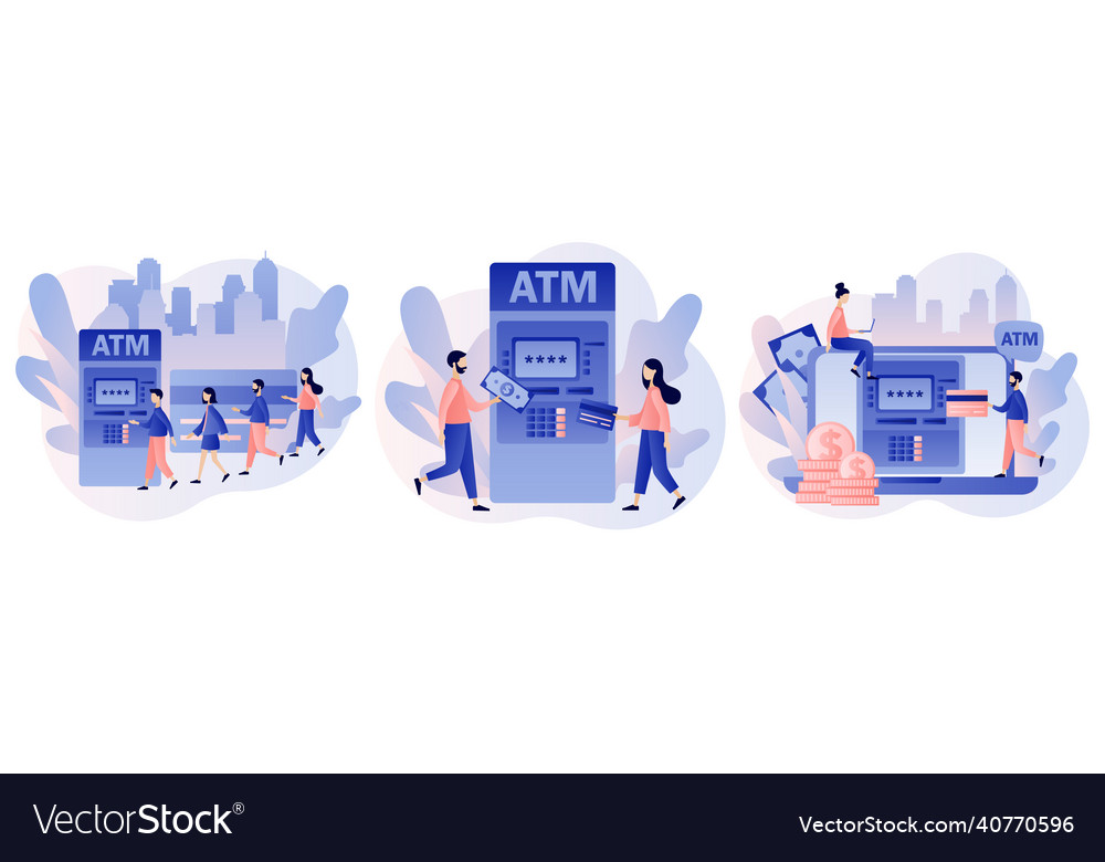 Atm concept tiny people waiting in line near Vector Image