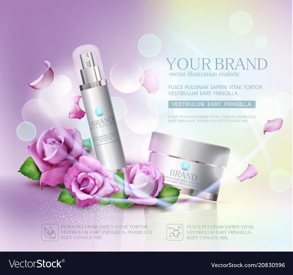 Cosmetics jars on bokeh background and roses vector image Cosmetics jars on bokeh background and roses