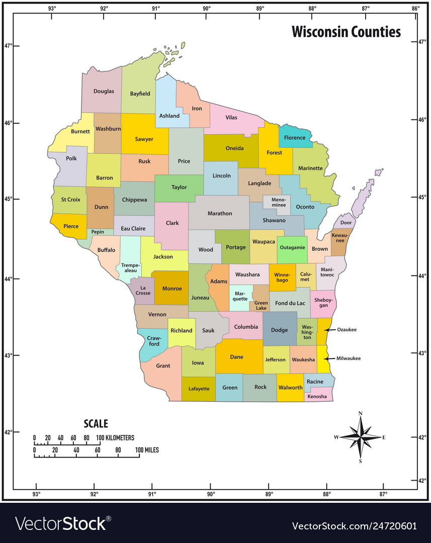 Wisconsin state outline administrative and Vector Image