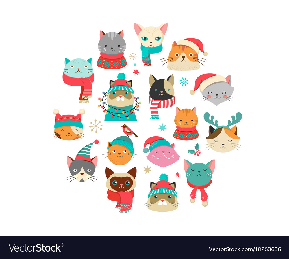 Merry Christmas With Cute Cats Characters Vector Image