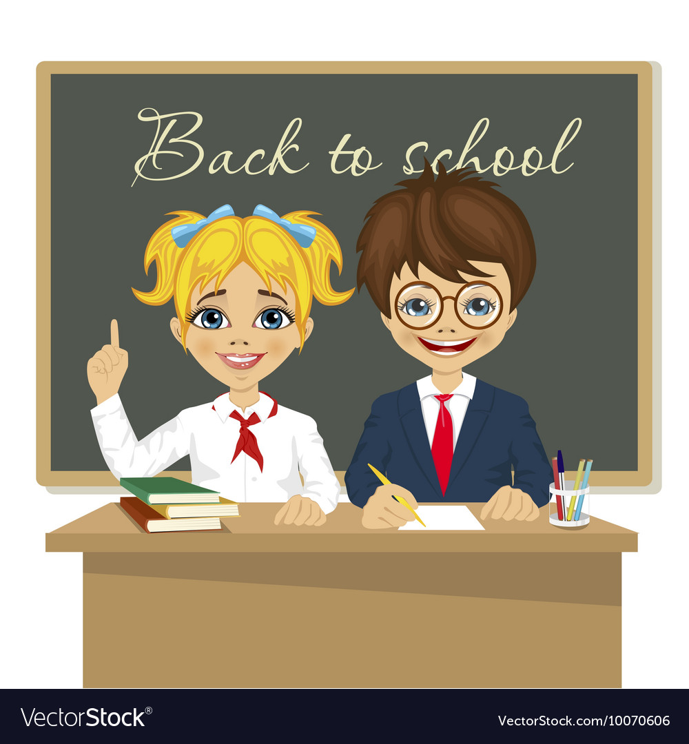 Schoolkids at desk sitting in front of blackboard Vector Image