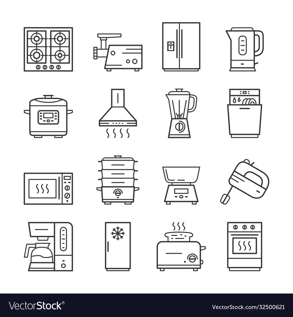 Kitchen household appliances thin line icon set Vector Image