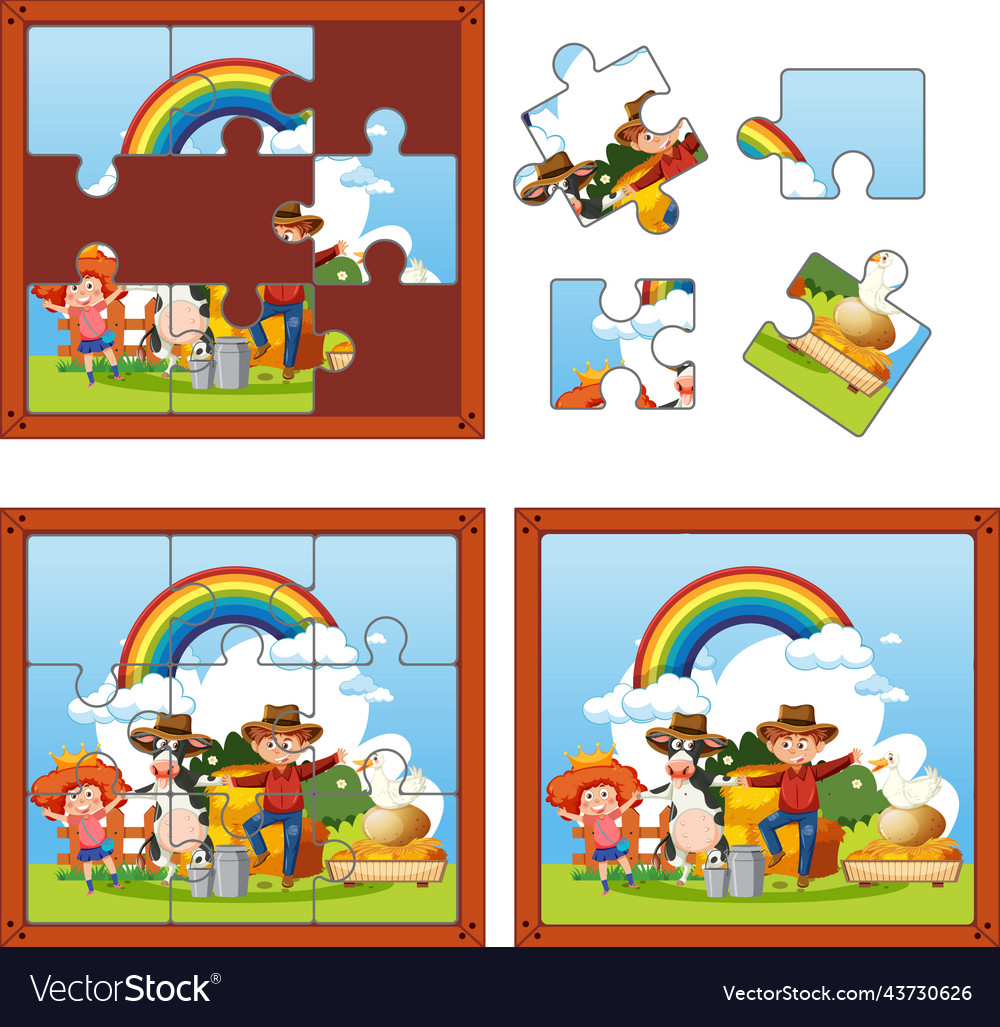 Farm characters photo puzzle game template Vector Image