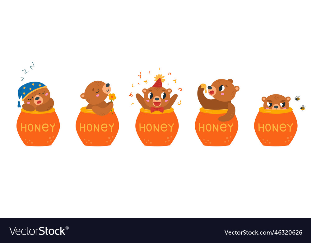 Funny bear in honey jar tiny bears different Vector Image