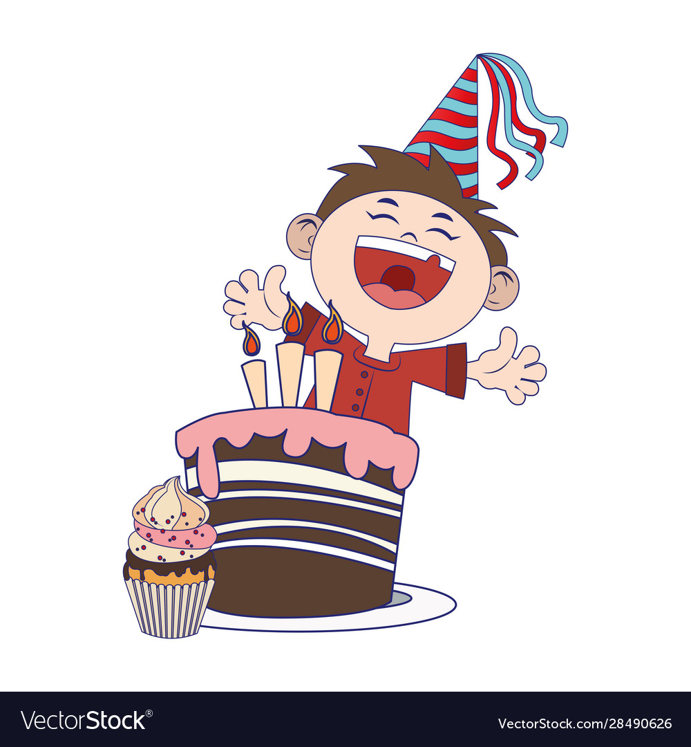 Happy boy with cupcake and birthday cake Vector Image