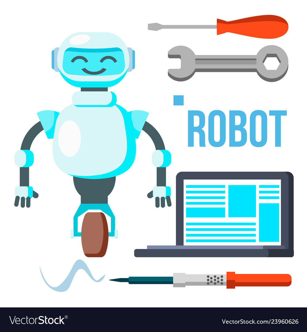 Robot with laptop homemade assistant Royalty Free Vector